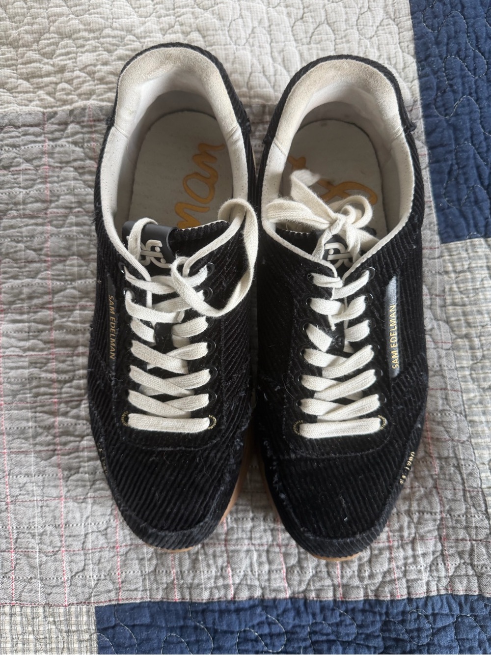 Sam Edelman Women’s Black Corduroy Sneakers with Cream Laces